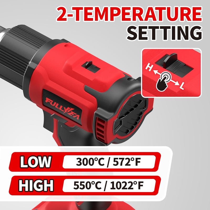 FULLYEA Cordless Heat Gun, Max 1022°F (550°C) Fast Heating, Lightweight Hot Air Gun Kit with 2x4.0Ah Batteries & 5 Nozzles, Portable Heat Gun for Shrink Tubing, PVC Wrap, Crafts (Red) - Image 3
